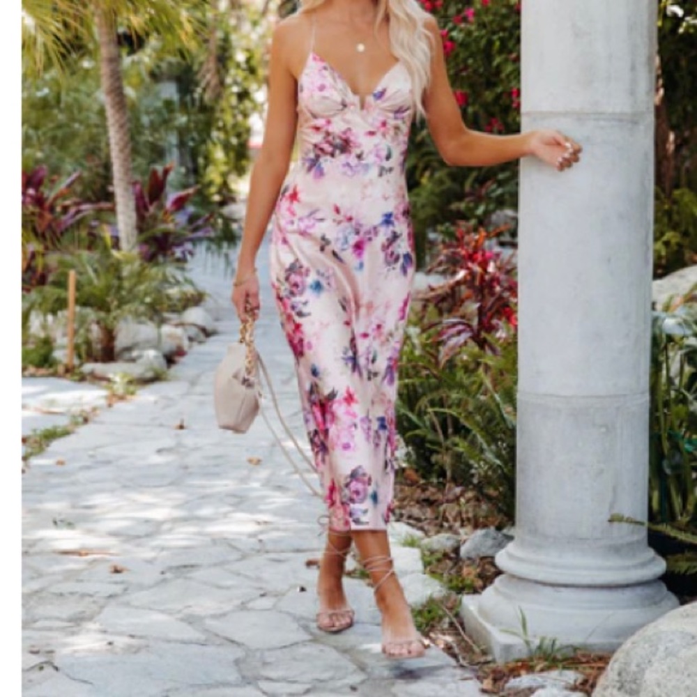 Aiko Printed Satin Slip Midi Dress - Blush Multi Color